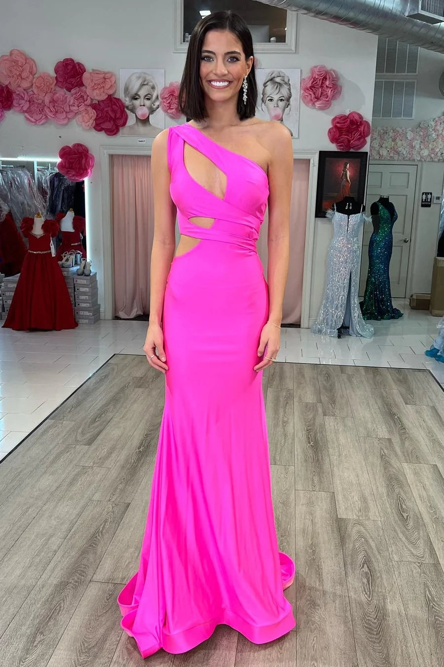 Hot Pink One-Shoulder Cutout Mermaid Long Prom Dress VK24011107