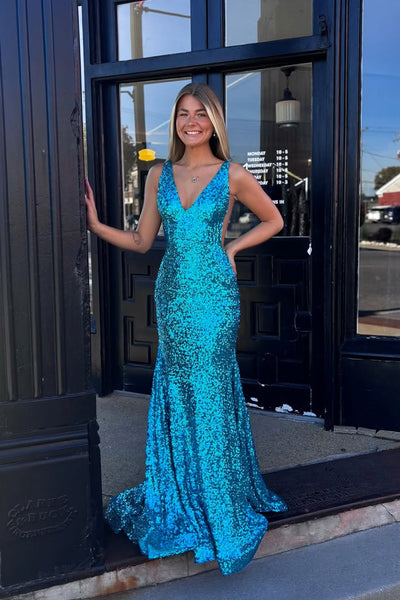 Mermaid V Neck Teal Sequins Long Prom Evening Dresses VK25102004
