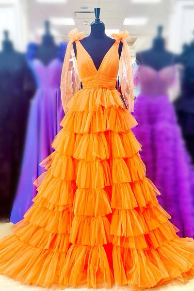 Princess Ball Gown V Neck Ruffle Tiered Tulle Prom Dresses VK23113002