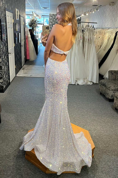Light Blue Iridescent Sequin Halter Cutout Mermaid Long Prom Gown VK23122310