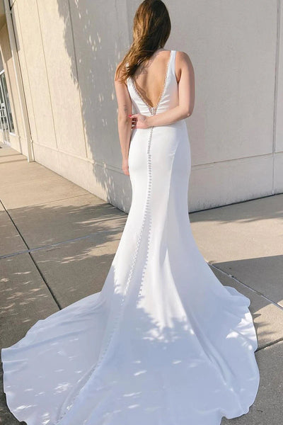 Chic Mermaid V Neck Satin Wedding Dresses with Beading VK112104