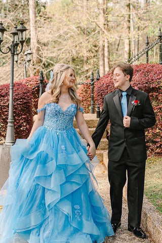 Blue Off the Shoulder Ruffle Tiered Tulle Long Prom Dresses with Appliques VK24032403