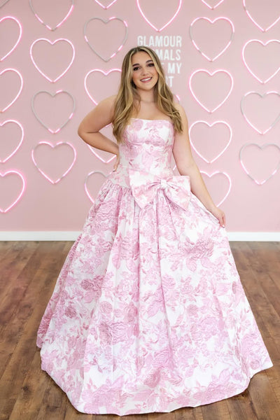 Dazzling A-Line Strapless Jacquard Satin Long Prom Dresses with Bow VK26020605