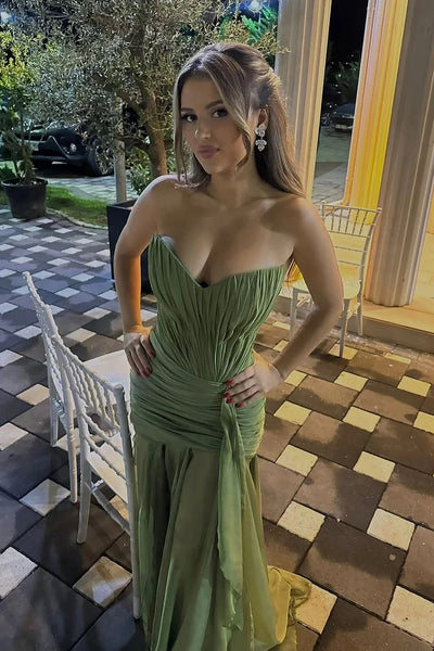 Elegant Sheath V Neck Army Green Chiffon Evening Dress Formal Dress with Slit VK26031107