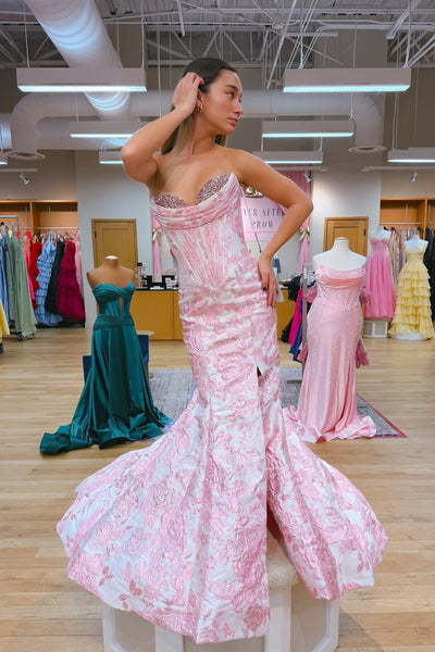 Gorgeous Mermaid Sweetheart Pink Jacquard Satin Prom Dress with Beading VK25121006