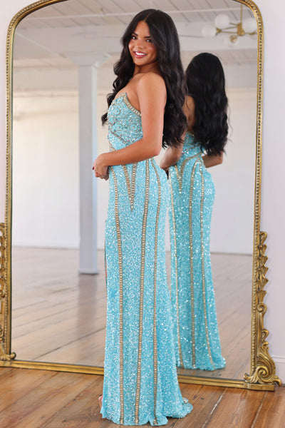 Sparkly Mermaid V Neck Teal Sequins Prom Dress with Slit VK26102607