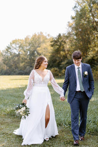 Bohemian A Line V Neck Chiffon Long Sleeves Wedding Dresses with Appliques