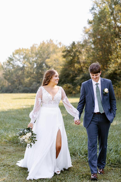 Bohemian A Line V Neck Chiffon Long Sleeves Wedding Dresses with Appliques