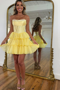 Cute A Line Strapless Yellow Chiffon Tiered Homecoming Dress with Beading VK25061106