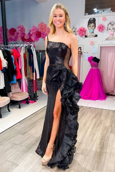 Glitter One-Shoulder Black Sequin Ruffle Long Prom Dress with Slit VK23122105
