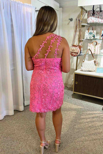 Cute Bodycon One Shoulder Pink Lace Appliques Short Homecoming Dresses VK23062906