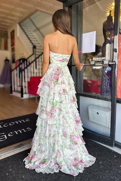 Floral Ruffle Tiered Strapless Sweetheart Pleats Long Prom Dresses with Slit VK26020603