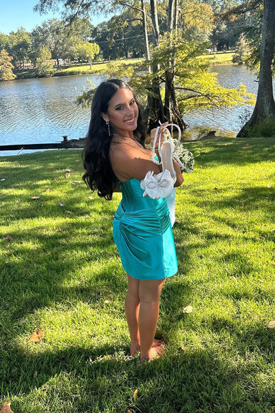 Cute Bodycon Sweetheart Teal Satin Short Homecoming Dresses VK2401007