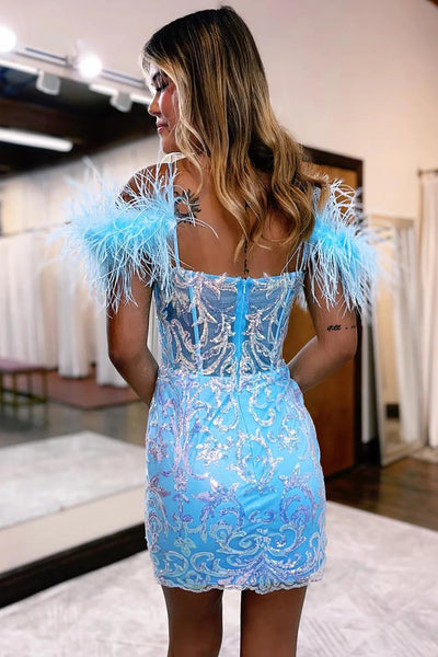 Sheath Off the Shoulder Light Blue Short Homecoming Dress with Feathers VK23080905