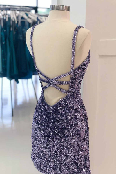 Sheath V Neck Purple Sequins Short Homecoming Dress VK23091707