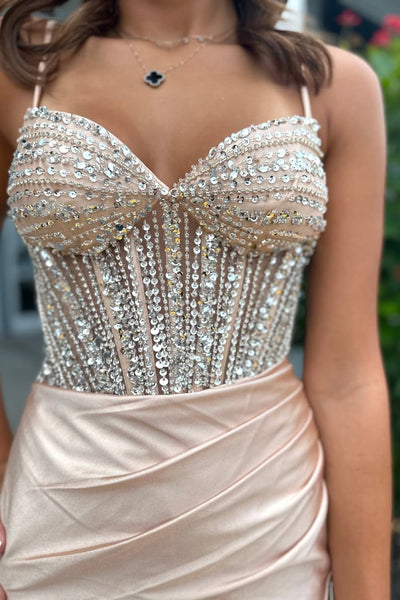 Bodycon V Neck Champagne Satin Homecoming Dress with Beading VK102709