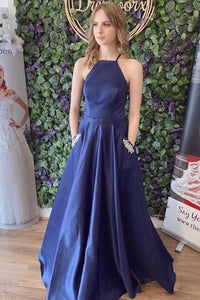 Navy Blue Satin Lace-Up Back A-Line Prom Dress VK23092602