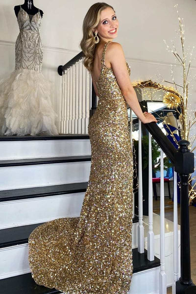 Gold Sequin Square Neck Backless Mermaid Long Formal Dress with Slit VK23121205