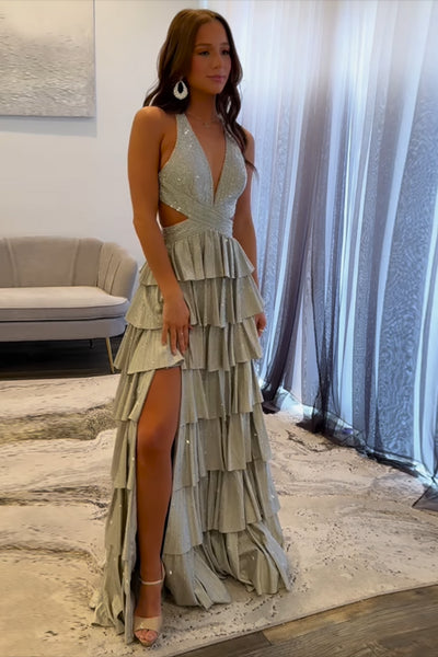 Halter Sparkly Yellow Ruffle Tiered A-Line Long Prom Dress with Slit VK022504