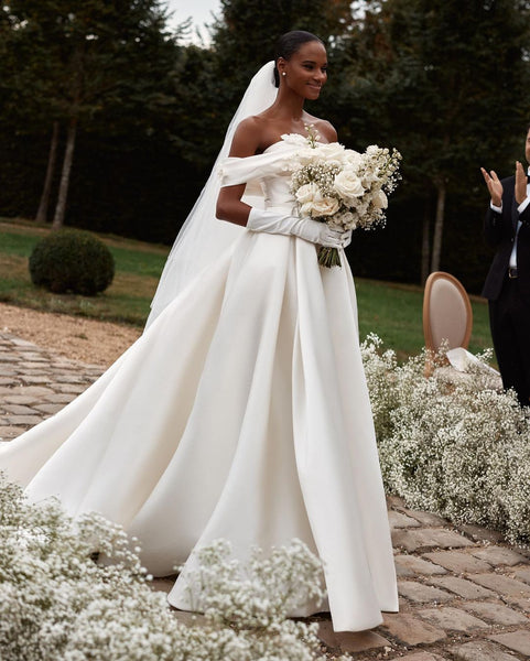 Gorgeous Ball Gwon Off the Shoulder Satin Wedding Dresses with 3D Flowers VK23051208