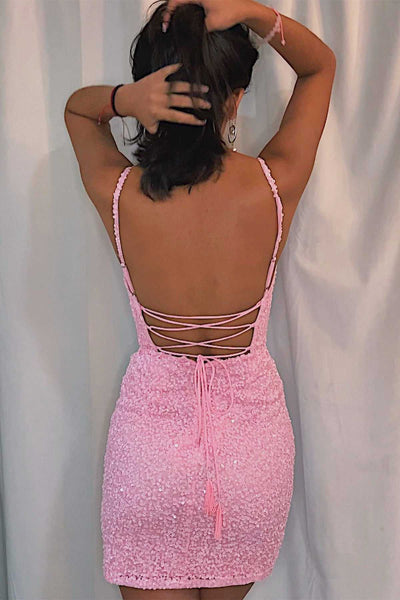 Cute Bodycon V Neck Pink Sequin Short homecoming Dresses VK23052306