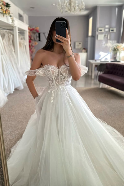 Fairy A-Line Off the Shoulder Tulle Wedding Dress with Appliques VK25121107