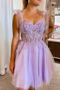 Lilac Tulle Lace A-Line Sweetheart Short Homecoming Dresses VK23080804