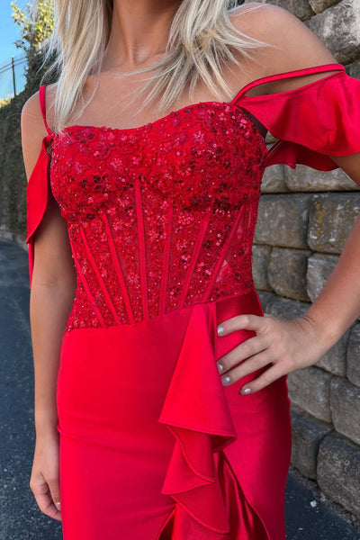 Mermaid Cold Shoulder Red Satin Long Prom Dresses with Ruffle Slit VK25032305