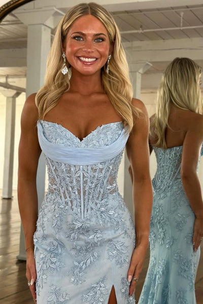 Mermaid Strapless Sweetheart Yellow Corset Appliques Long Prom Dresses with Slit VK26012904