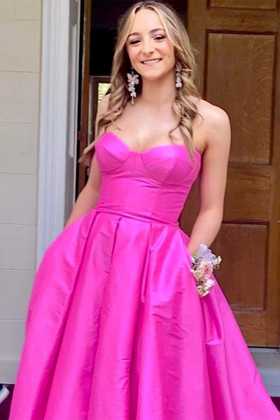 Fuchsia Strapless Satin Sweeping Long Prom Dress VK23092409