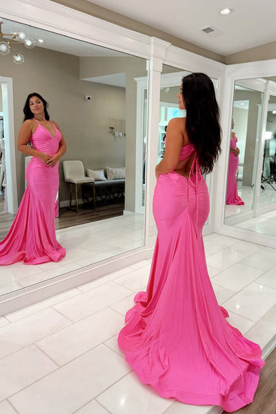 Elegant Mermaid V Neck Fuchsia Pink Satin Prom Dress VK5111403
