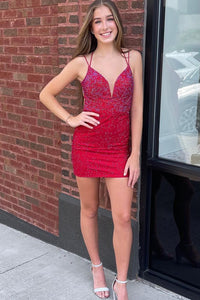 V Neck Cross Back Tight Homecoming Dresses with Beading VK23072302