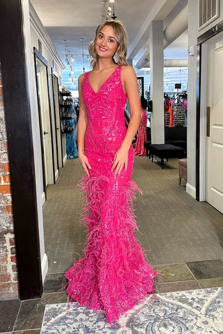 Fuchsia V Neck Sequins Lace Mermaid Long Prom Dresses with Feather VK24042902