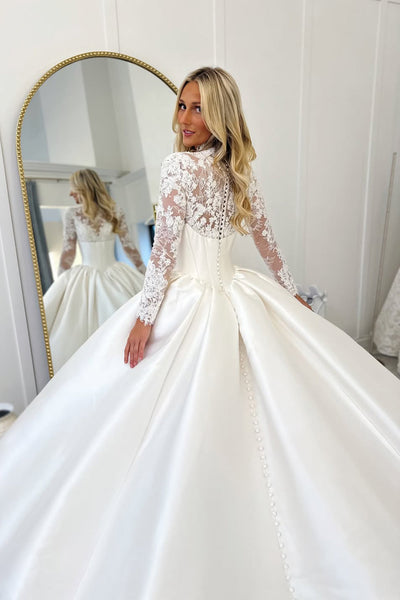Vintage Ball Gown High Neck Lace Satin Wedding Dress with Long Sleeves VK15112707