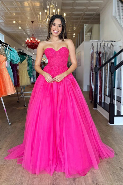 A Line Strapless Hot Pink Tulle Prom Dress with Appliques VK24122618