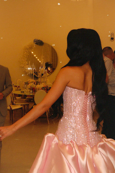 Luxurious A-Line Strapless Pink Satin Sequins Long Prom Homecoming Dresses VK26081106