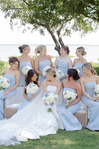 Sheath Strapless Sky Blue Satin Long Bridesmaid Dresses VK26081301