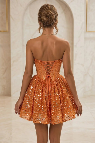 A-Line Strapless V-Neck Sequins Appliques Empire-Waist Short Homecoming Dress