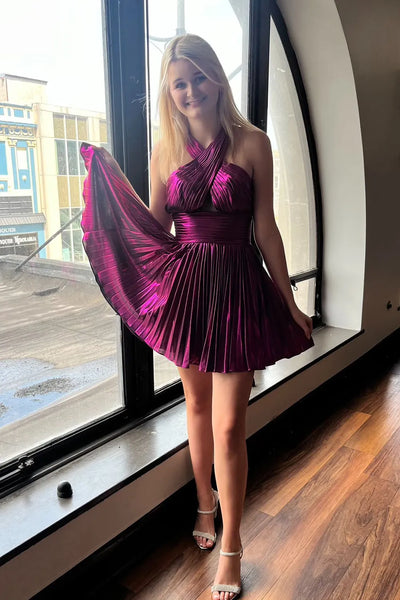 A-Line Halter Keyhole Purple Pleated Short Homecoming Dresses VK082003