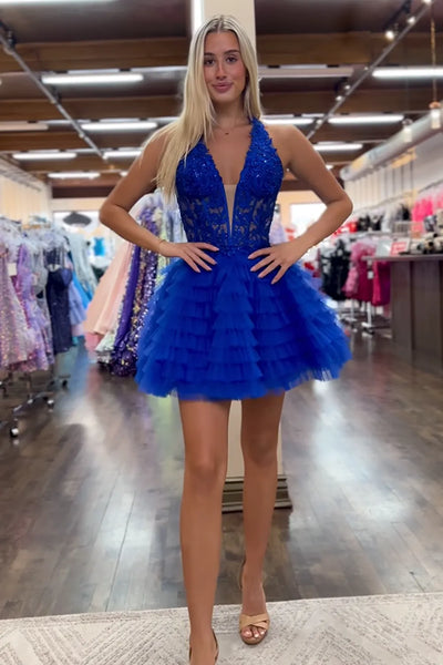 A-Line Halter Light Blue Tiered Short Homecoming Dresses with Appliques VK082002