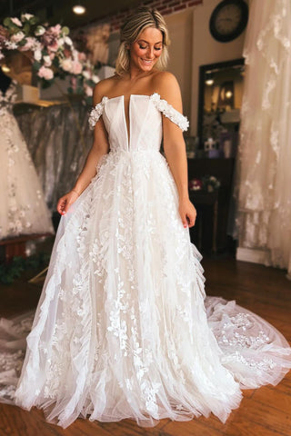 A-Line Off the Shoulder White Tulle Wedding Dresses with Appliques VK23101701