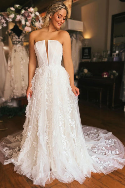 A-Line Off the Shoulder White Tulle Wedding Dresses with Appliques VK23101701