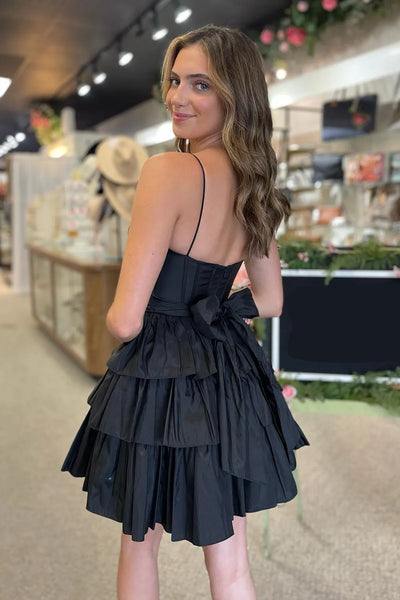 A-Line Scoop Neck Black Satin Short Tiered Homecoming Dress with Bow VK081608