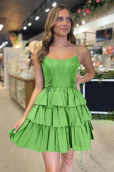 A-Line Scoop Neck Black Satin Short Tiered Homecoming Dress with Bow VK081608