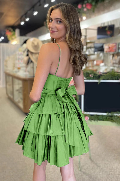 A-Line Scoop Neck Black Satin Short Tiered Homecoming Dress with Bow VK081608