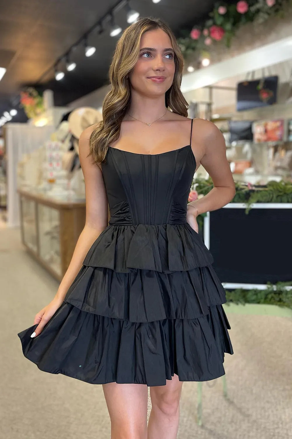 A-Line Scoop Neck Black Satin Short Tiered Homecoming Dress with Bow VK081608