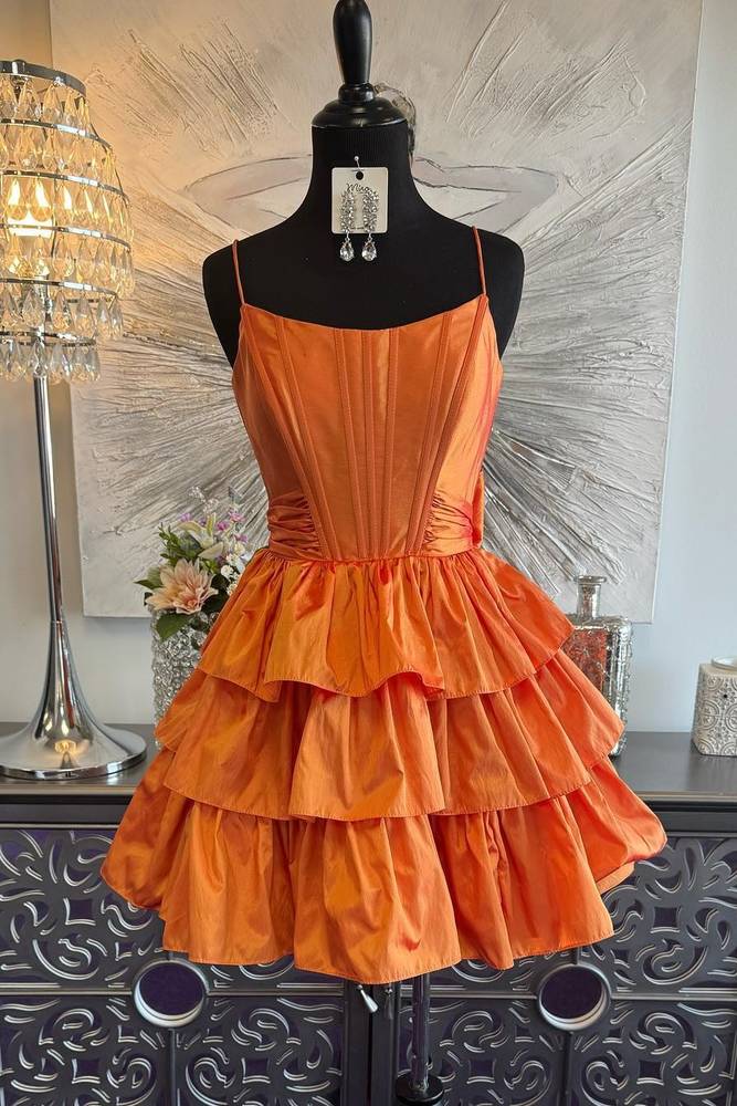 A-Line Scoop Neck Orange Ruffle Tiered Satin Short Homecoming Dress VK24082702