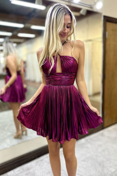 A-Line Spaghetti Straps Fuchsia Pleated Satin Short Homecoming Dresses VK24082804
