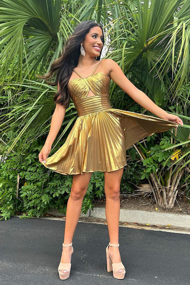 A-Line Spaghetti Straps Keyhole Gold Pleated Short Homecoming Dresses VK24062102-1