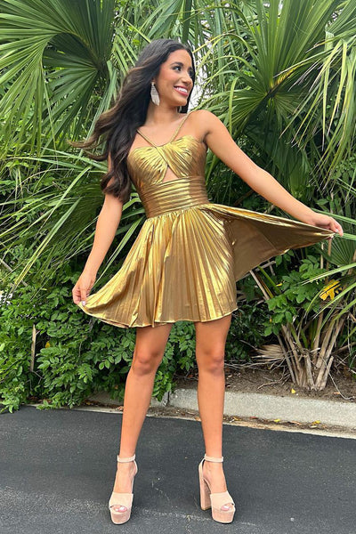A-Line Spaghetti Straps Keyhole Gold Pleated Short Homecoming Dresses VK24062102-1